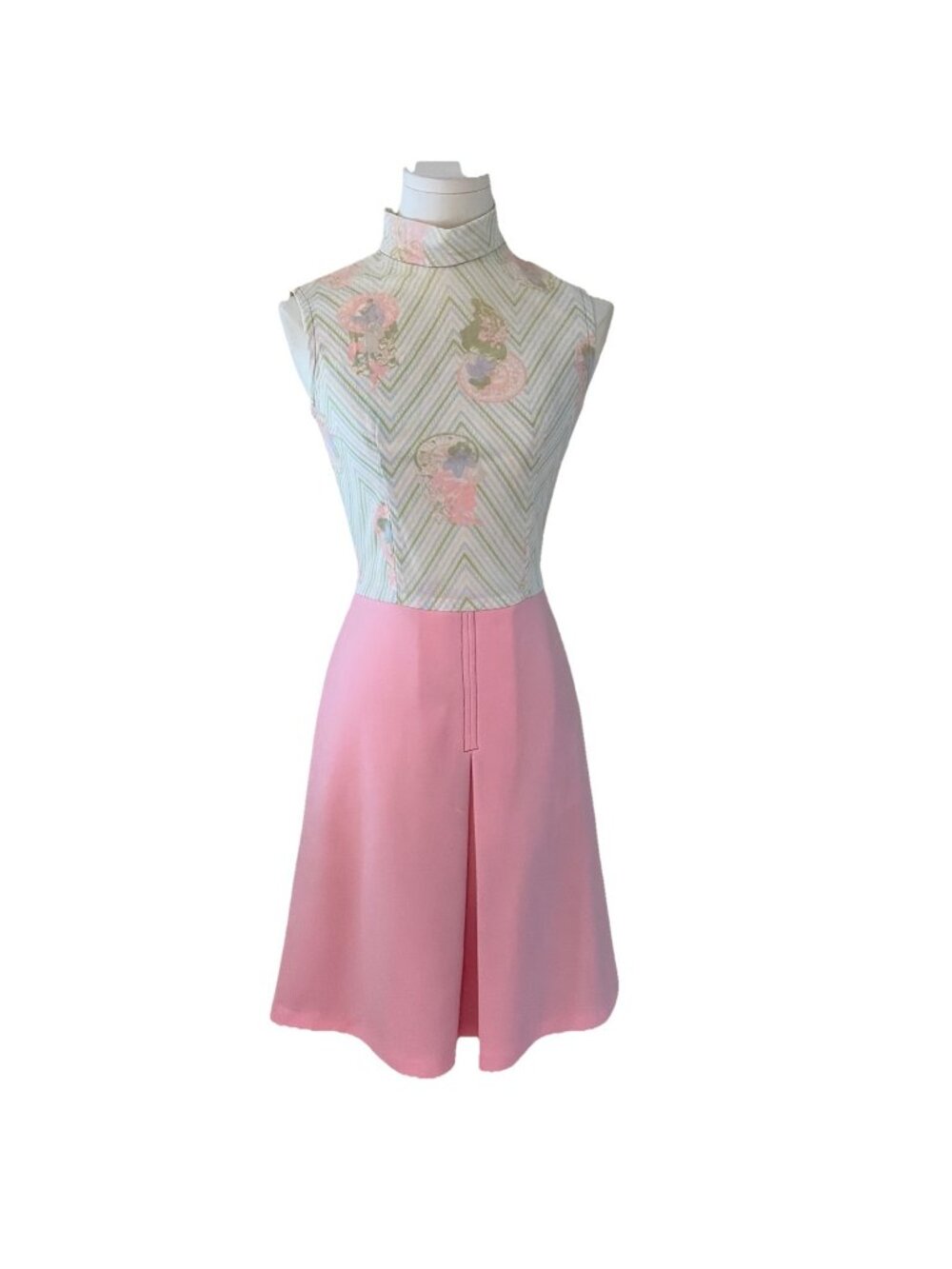 Vintage 70s Sleeveless Floral Dress Size 3/4 Mixed Media Fit & Flare MOD Retro